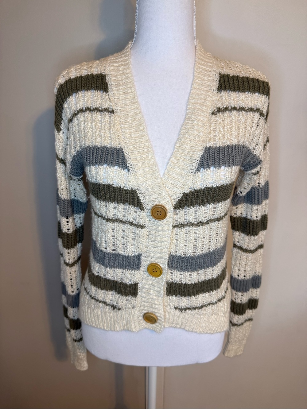 Freshman 1996 Striped Open Knit V-Neck Button Down Cardigan Sweater M